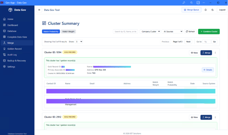 Data Gov cluster summary and merge queue with gold record management