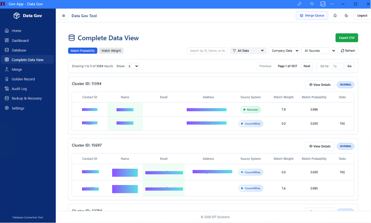 Data Gov complete data view with match probability and source system records