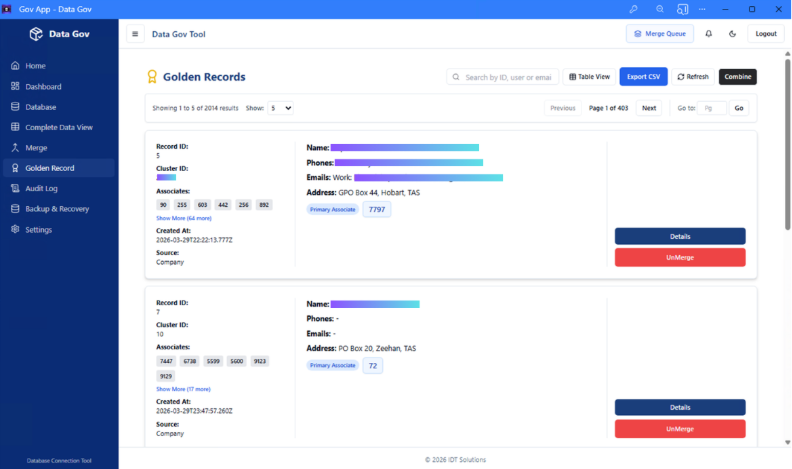 Data Gov golden records view with record details, associates, and unmerge controls